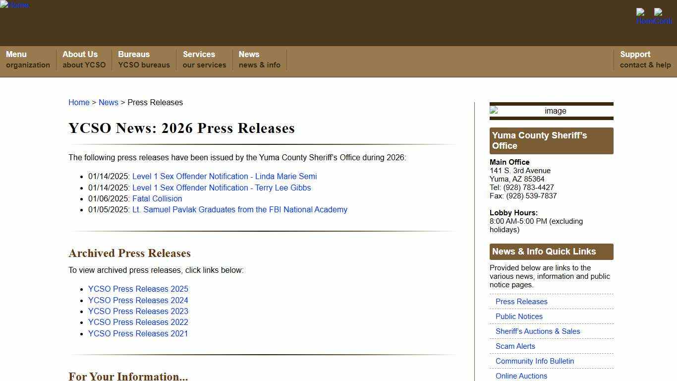 Yuma County Sheriff’s Office: News